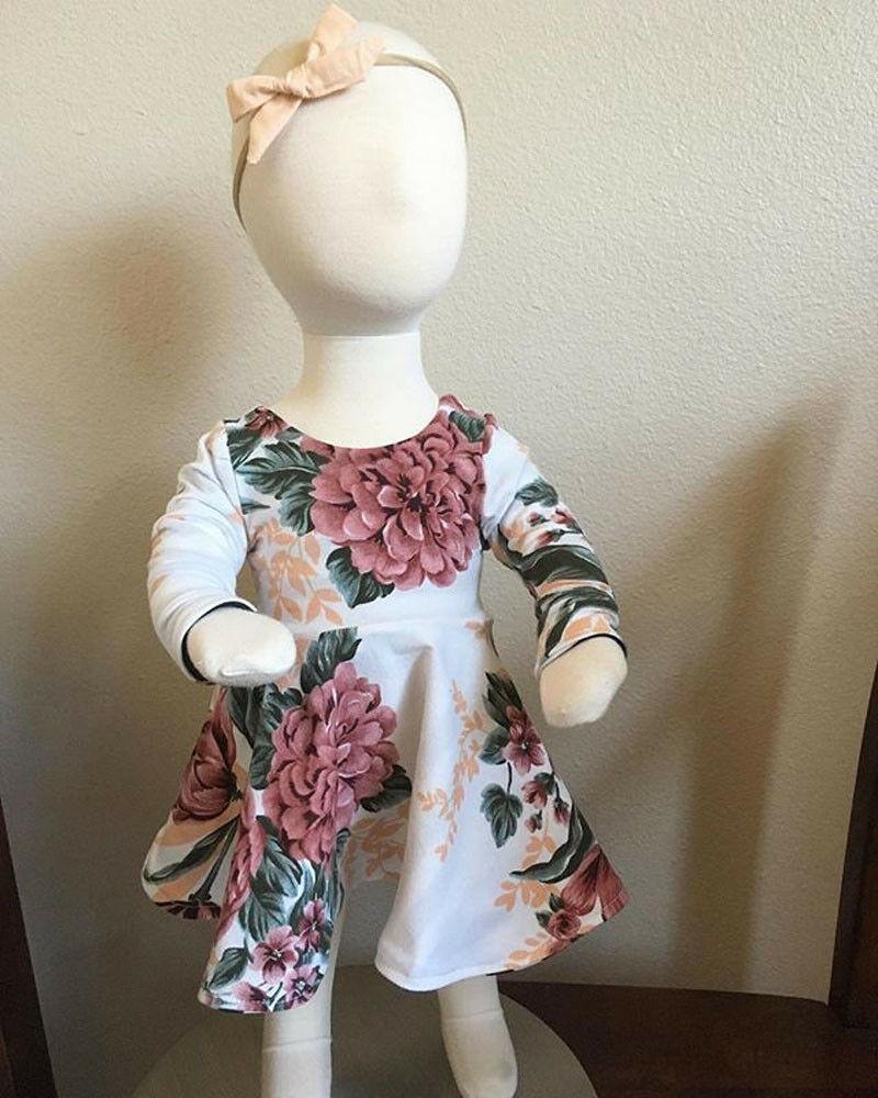 Bébé Fille Nouveau-né Robe Florale Enfants avec Robe Manches Longues + Bandeau Tenues Ensemble Vêtements Robe Moderne pour Filles