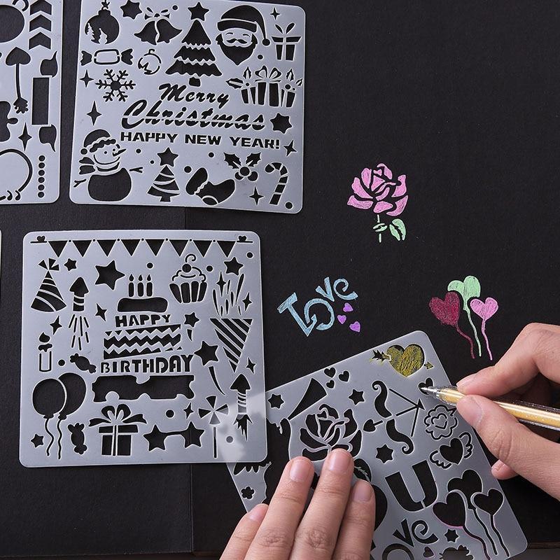 5Pcs/Set Règle pour enfants, modèle de peinture découpée, règle de dentelle thème album compte-main, pochoir de planche à dessin, outils de décoration pour jouet éducatif de dessin pour enfants