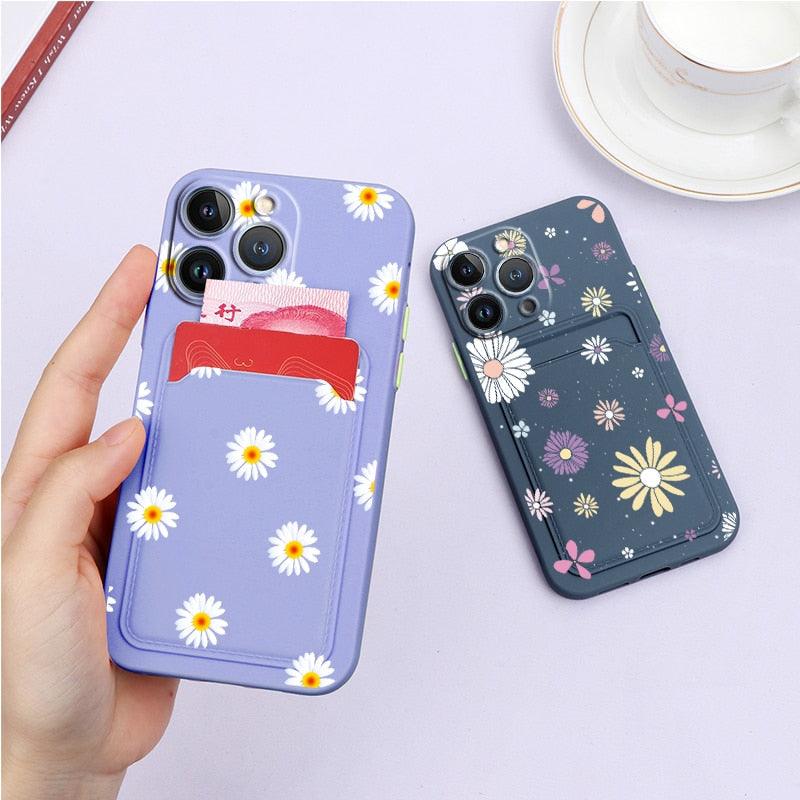 Magnifiques étuis en silicone souple anti-rayures pour iPhone 13 Pro Max. Étui portefeuille en silicone avec porte-cartes pour iPhone 13 Mini, 13ProMax, 13Pro. Étui iPhone avec porte-cartes, motif fleur et papillon.