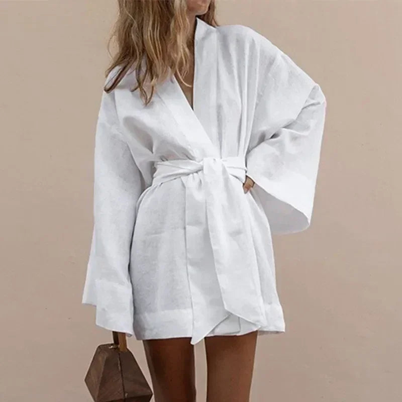 Cardigan Kimono Col V Femme, Robe Courte en Coton et Lin à Manches Longues, avec Ceinture, Style Robe de Chambre, Lacets, Été, Ample, Vestidos