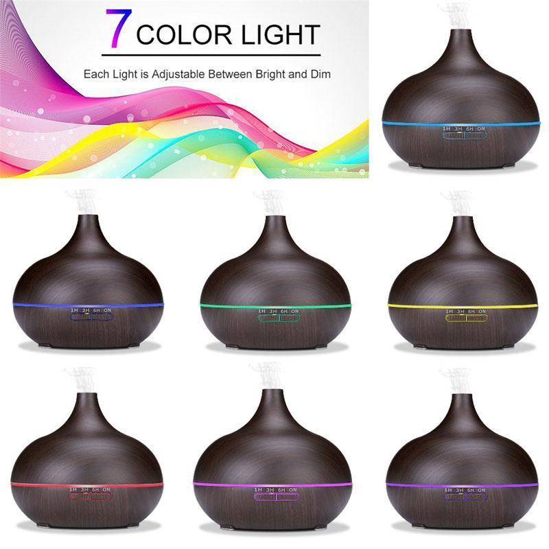 Diffuseur d'huile essentielle d'aromathérapie 550 ml grain de bois télécommande humidificateur d'air ultrasonique brume froide avec lumière LED 7 couleurs pour chambre de bébé, arrêt automatique sans eau, 7 couleurs de lumières changeantes