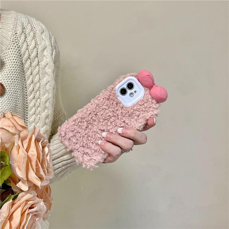 Étui Housse Douce et Chaude Pour Iphone 13 12 11 Pro Xs Max X Xr Coques Dessin Animé 3D Nœud Oreille Housse Douce et Chaude en Fourrure Pour Iphone 7plus 8plus 12pro Étui Téléphone