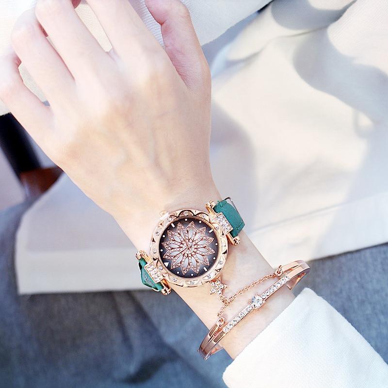 Ensemble de Montre Élégante et Populaire pour Femmes, Montre-Bracelet de Luxe Étoilée avec Bracelet en Cuir Décontracté à Quartz, Idéale pour Femmes et Filles