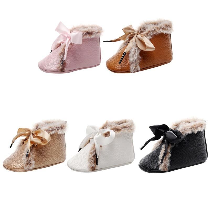 Bottes Bébé en PU Hiver Antidérapantes Chaudes Premiers Pas Semelle Souple Chaussons Bébé Nœud Papillon à Lacets