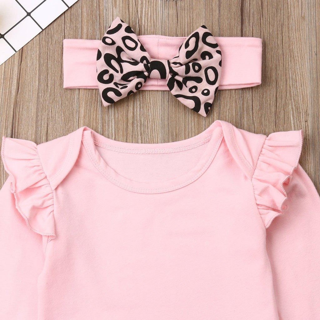Ensemble 3 pièces pour bébé fille : barboteuse tricotée en coton à manches volantes, pantalon long imprimé léopard et bandeau.