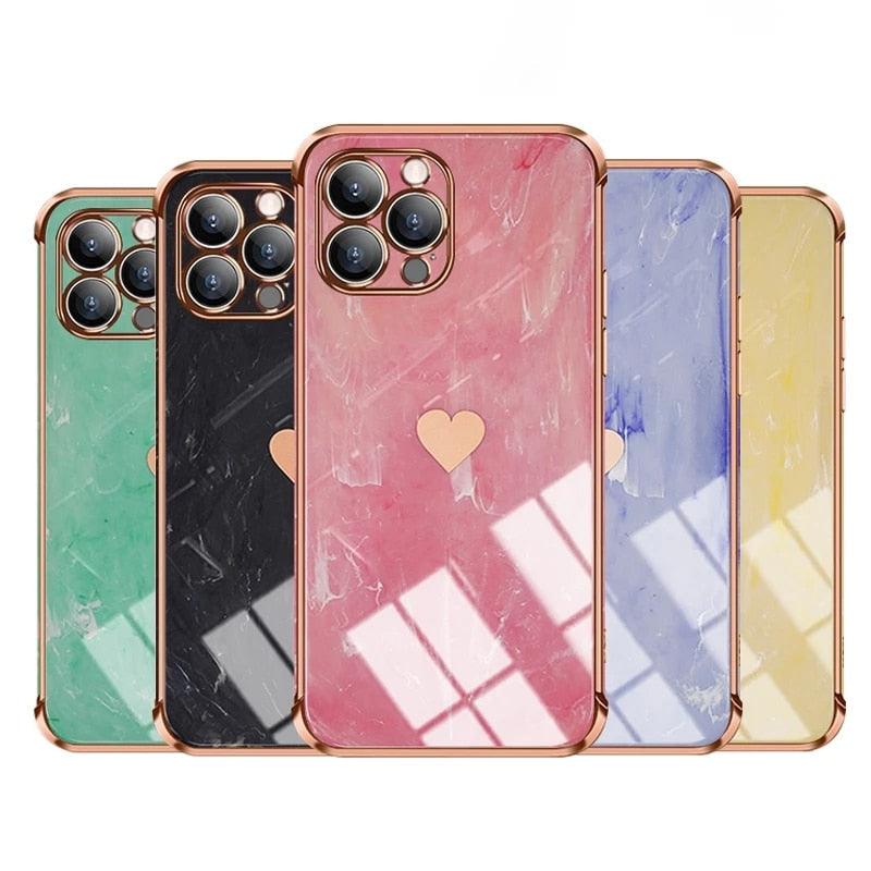 Étui Souple Antichoc de Luxe pour iPhone 13 12 11 Pro Max XS XR X R 8 7 Plus iPhone12 12Pro iPhone11 Housses Texture Marbre Étui de Téléphone de Luxe Motif Cœur Latéral Mignon Petit Étui Souple Antichoc de Protection Complète de l'Objectif pour iPhone