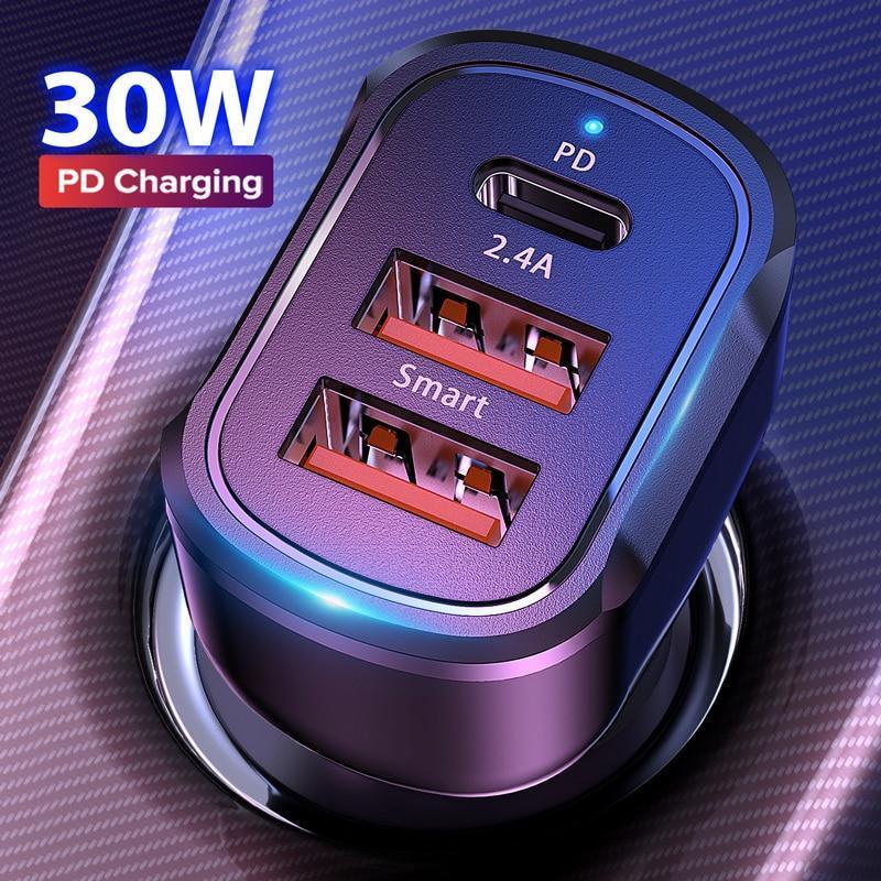 Chargeur de voiture universel 30 W PD 3 USB charge rapide QC3.0 Type C pour téléphones portables