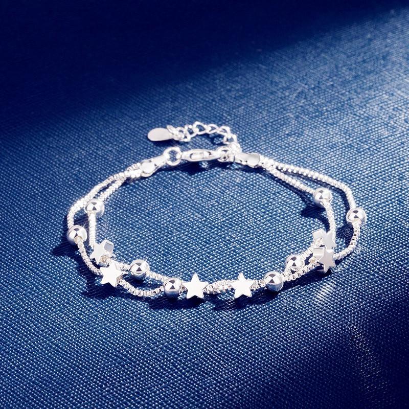 Nouveau Bracelet de luxe moderne en argent sterling 925 à double couche avec perles d'étoiles pour femmes, élégant bracelet à chaîne avec pendentifs, cadeau d'anniversaire (étoile argentée)