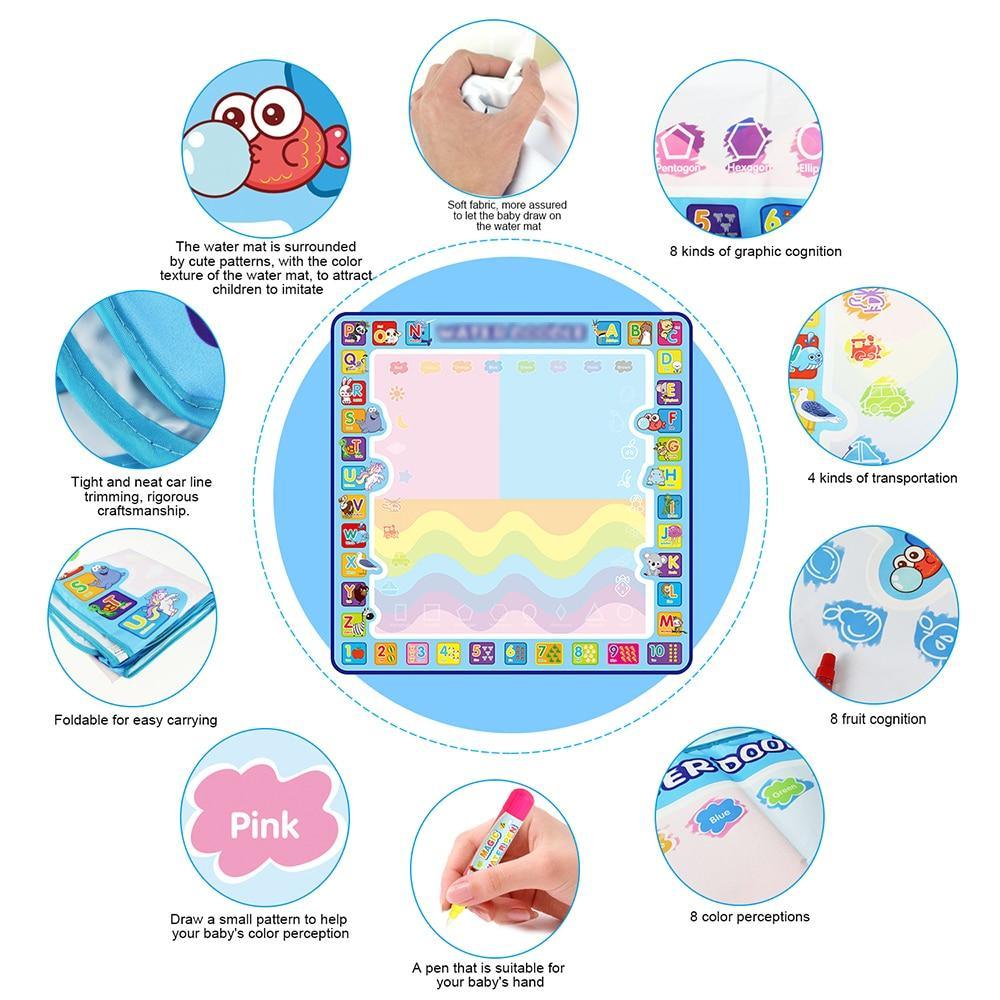 Coolplay Tapis de Dessin à l'Eau Magique 100x100cm Tapis Doodle avec 4 Stylos à Dessin et 1 Set de Tampons Tableau de Peinture Jouets Éducatifs pour Enfants
