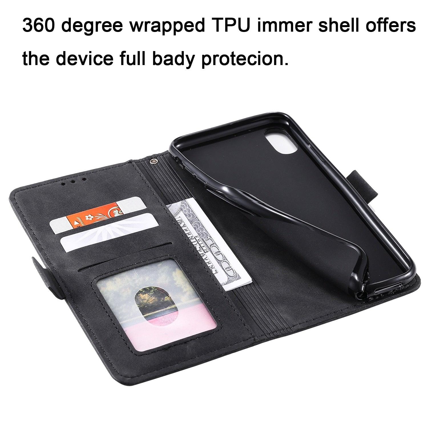 Étui portefeuille de luxe en cuir magnétique à rabat pour iPhone 14 13 12 Mini 11 Pro SE, avec porte-cartes, béquille, fentes pour cartes et argent, protection intégrale à 360°