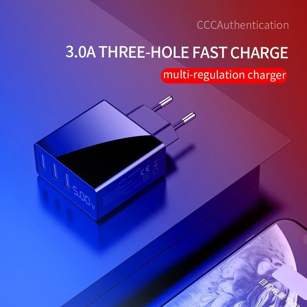 Chargeur de téléphone USB à 3 ports avec écran LED Prise UE Charge rapide intelligente de 3 A max au total Chargeur mural mobile pour smartphones