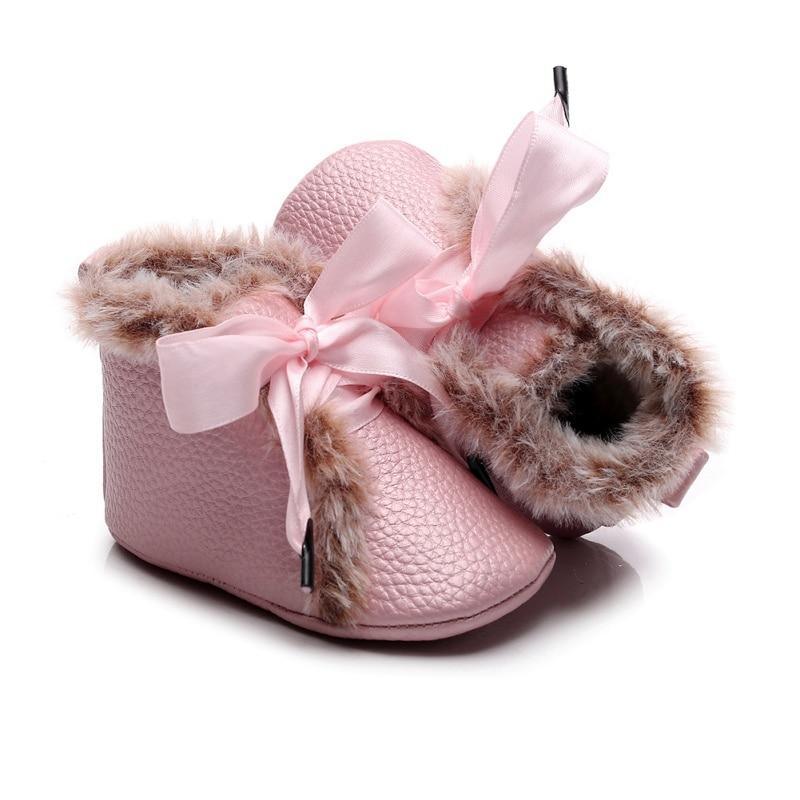 Bottes Bébé en PU Hiver Antidérapantes Chaudes Premiers Pas Semelle Souple Chaussons Bébé Nœud Papillon à Lacets