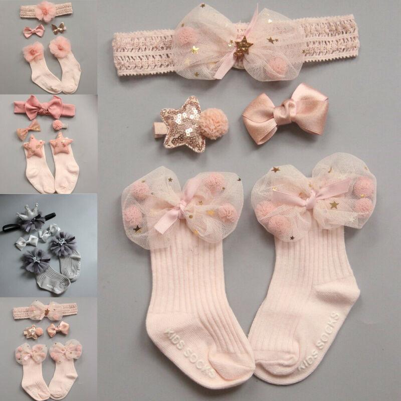 4 paires/lot de chaussettes antidérapantes pour bébé fille + bandeau + épingle à cheveux