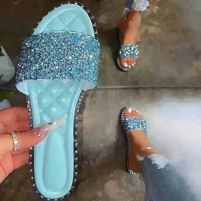Crystal Chaussons Femme Bling Bling Sandales Plates Chaussures de Plage Été