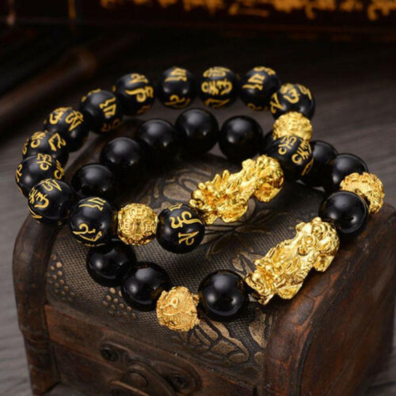 Bracelet de perles en obsidienne pour hommes et femmes, unisexe, Pixiu doré et noir, richesse et bonne chance