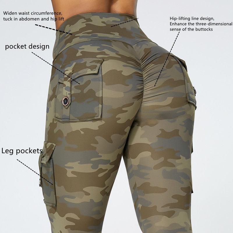 Legging de Yoga Camouflage avec Poches pour Femmes, Legging de Fitness, Pantalon de Sport avec Poches, Legging Vert pour Femmes, Legging Moulant et Mince pour la Gym, Pantalon Push Up Élastique et Mince pour l'Automne et l'Hiver