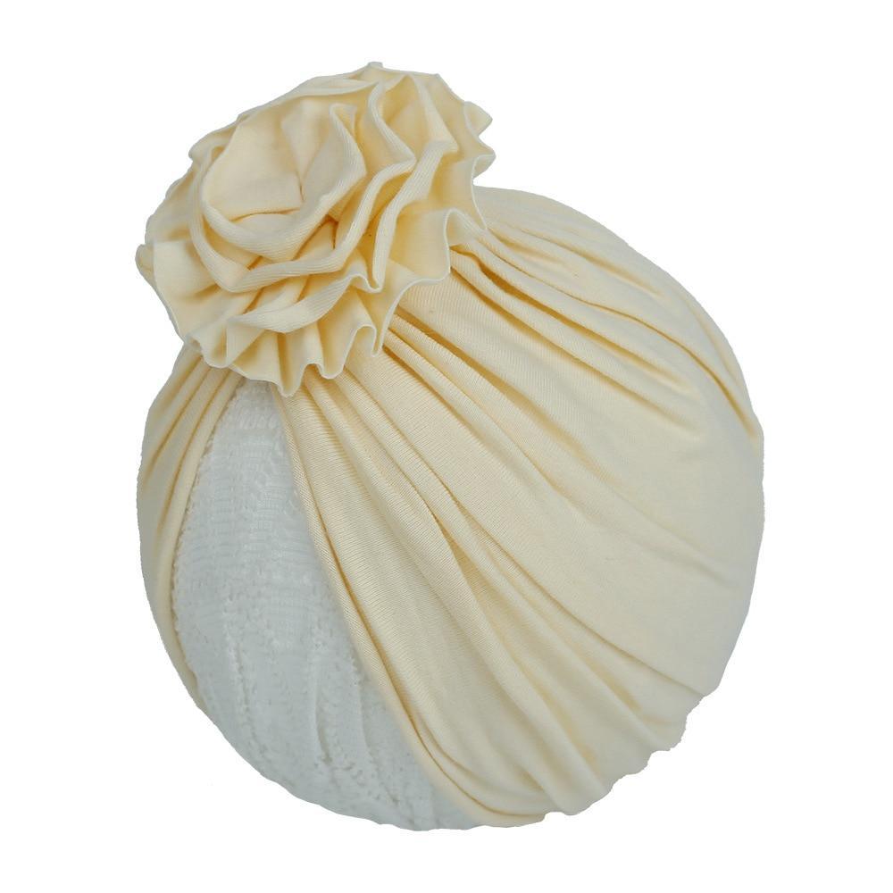 Turban pour bébé fille en coton tricoté, fait main avec fleur plissée, style élégant
