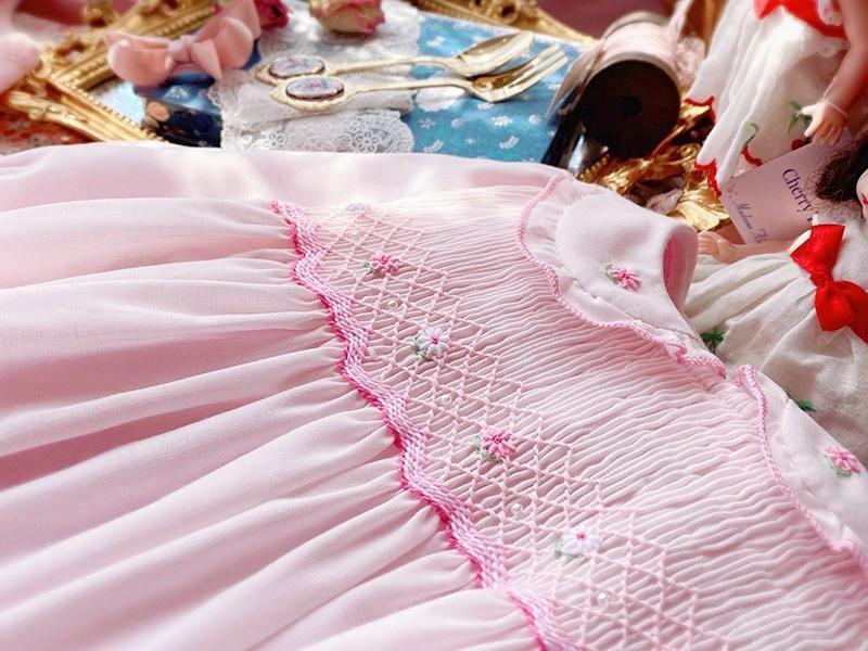 Robe rose à smocks faite main de luxe pour bébé fille, à manches longues, printemps automne