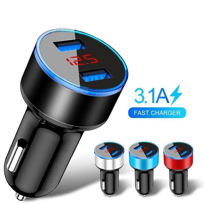 Chargeur de voiture universel pour téléphone portable en aluminium double USB 3.1A avec affichage LED
