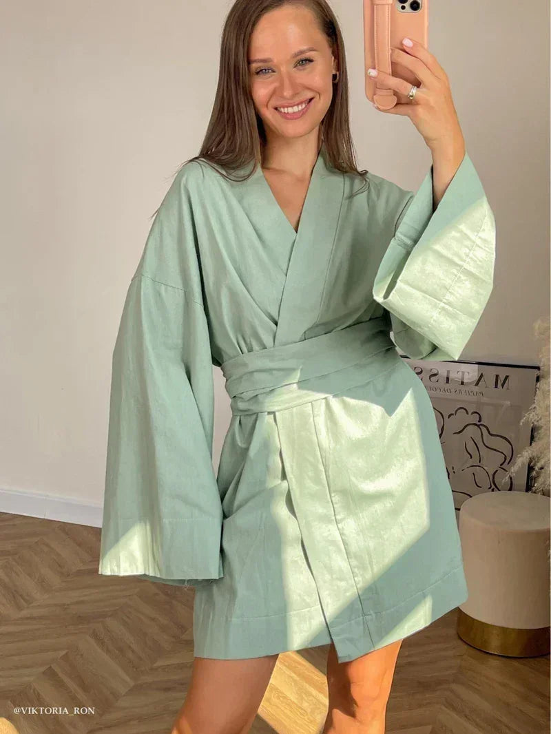 Cardigan Kimono Col V Femme, Robe Courte en Coton et Lin à Manches Longues, avec Ceinture, Style Robe de Chambre, Lacets, Été, Ample, Vestidos