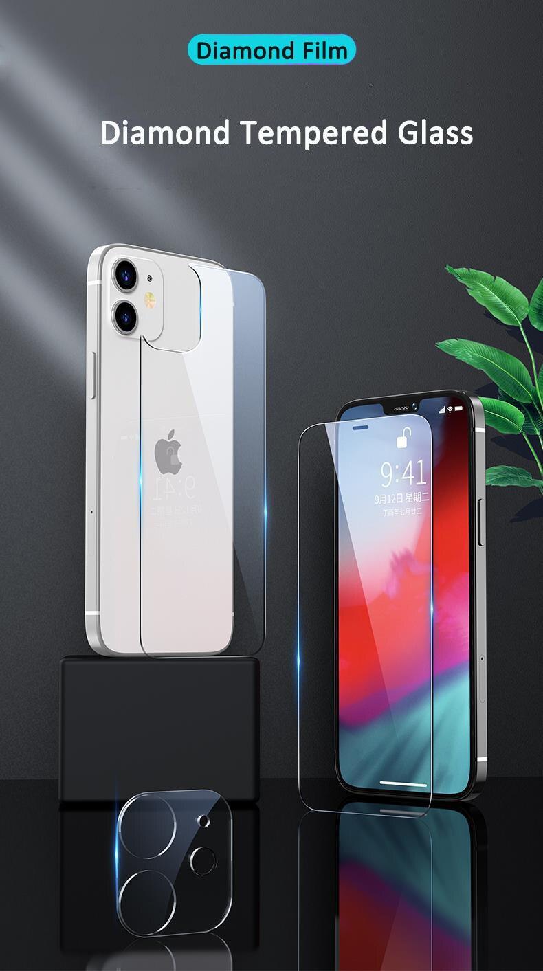3-en-1 Lot de 2 films de protection d'écran en verre trempé pour iPhone 12 11 Pro Max Mini, Protection Avant + Arrière + Objectif pour iPhone 13 Pro Max - Film en verre trempé de qualité supérieure - Clarté HD - Anti-traces de doigts/rayures pour iPhone