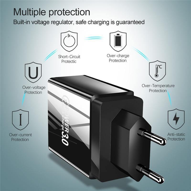 Chargeur Mural USB pour Téléphone Portable à Charge Rapide, Noir Moderne, 48W, Quick Charge 3.0