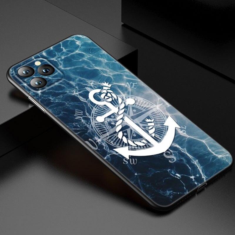 Coque de téléphone à roue de bateau ancre pour iPhone 13 12 Mini 11 Pro XS Max XR X 8 7 6S 6 Plus 5S 5 SE 2020 Housse noire Coque arrière rigide d'ancre personnalisée
