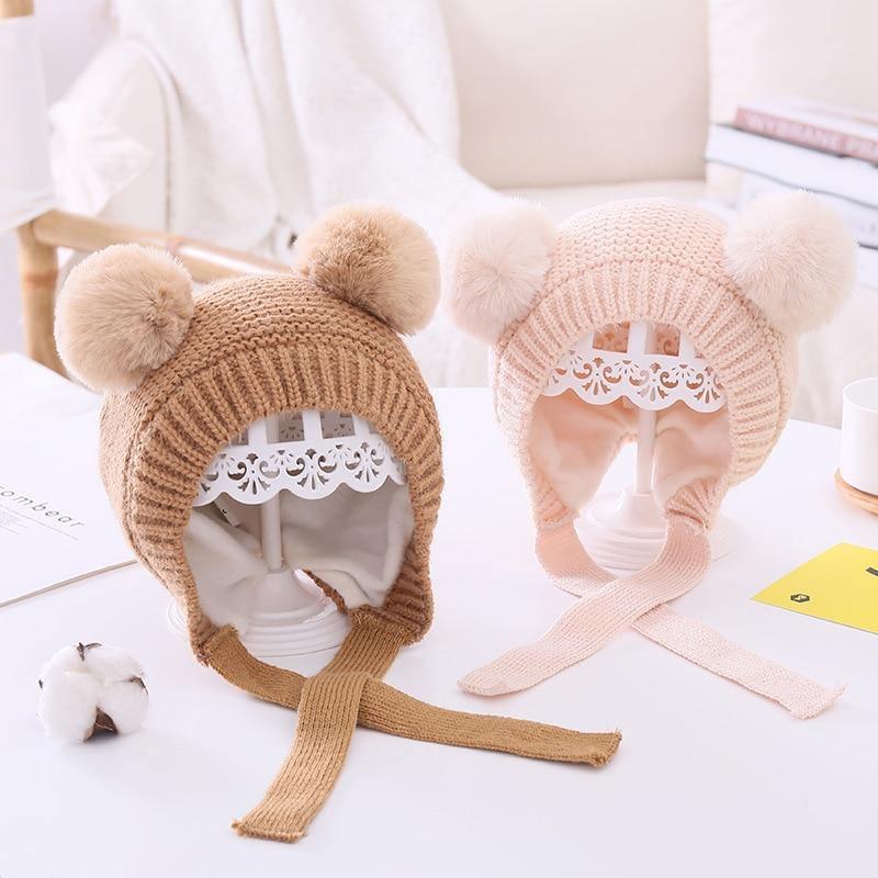 Chapeau d'Hiver de Noël Tricoté pour Bébé Fait à la Main Tendance Moderne Mignon Double Pompom Bonnet pour Nouveau-né Garçon Fille Cache-Oreilles Chapeaux Enfants