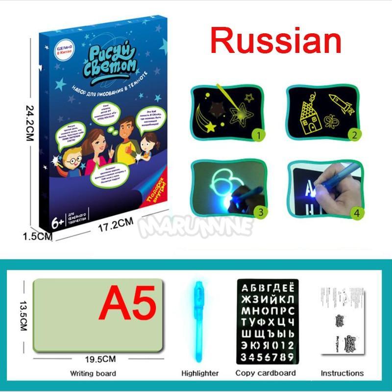 Tableau de dessin lumineux pour enfants A3 A4 A5 avec lumière - Bloc-notes magique amusant, tablette de dessin, stylo fluorescent, jouets lumineux russe anglais