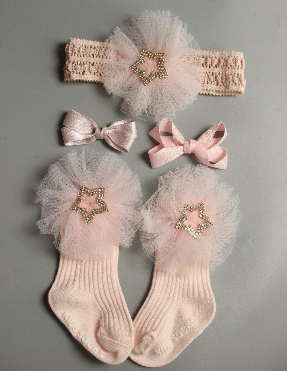 4 paires/lot de chaussettes antidérapantes pour bébé fille + bandeau + épingle à cheveux