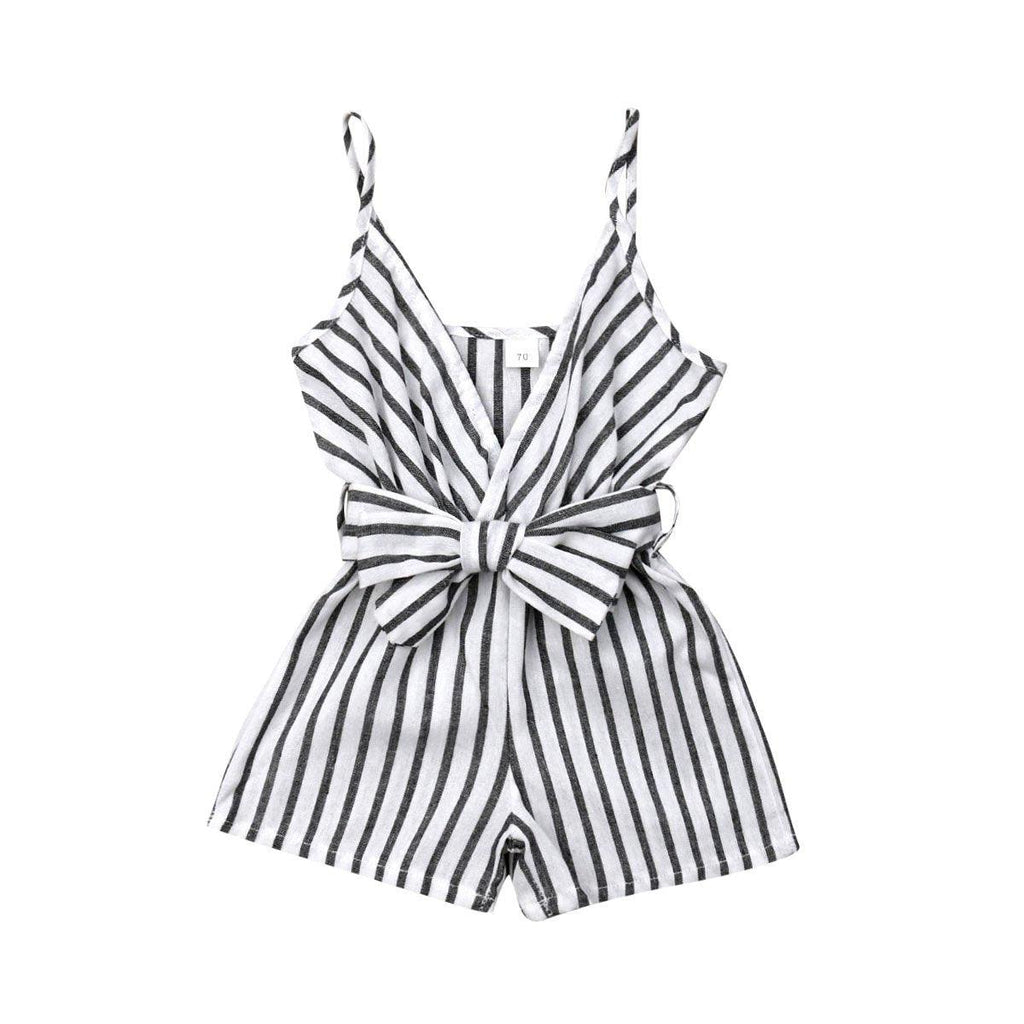 Barboteuse élégante moderne sans manches à rayures avec nœud et bretelles pour nouveau-né fille, tenue une pièce pour filles