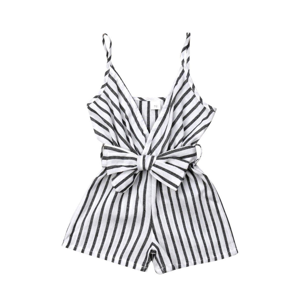 Barboteuse élégante moderne sans manches à rayures avec nœud et bretelles pour nouveau-né fille, tenue une pièce pour filles