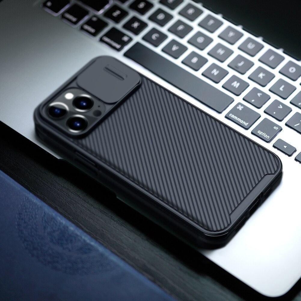 Coque arrière rigide absorbant les chocs pour iPhone 13 Pro Max - Étui appareil photo coulissant noir élégant pour iPhone 13 Mini 13 Pro Max