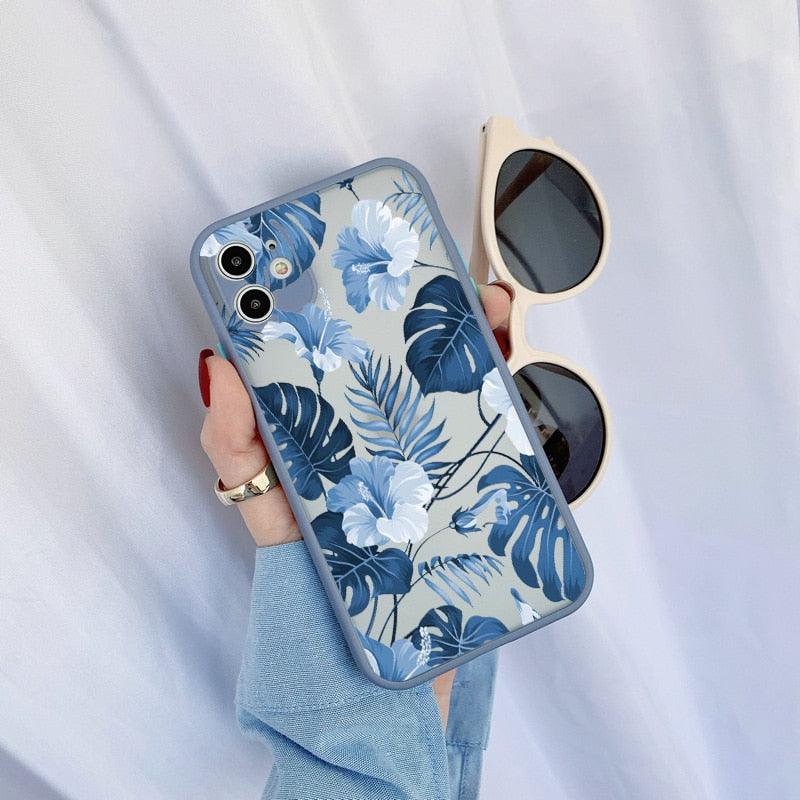 Coque de téléphone à motif floral vert pour iPhone 11, 12, 13, 14 Pro Max, coque rigide antichoc, motif tropical fin et brillant avec feuilles de palmier vertes