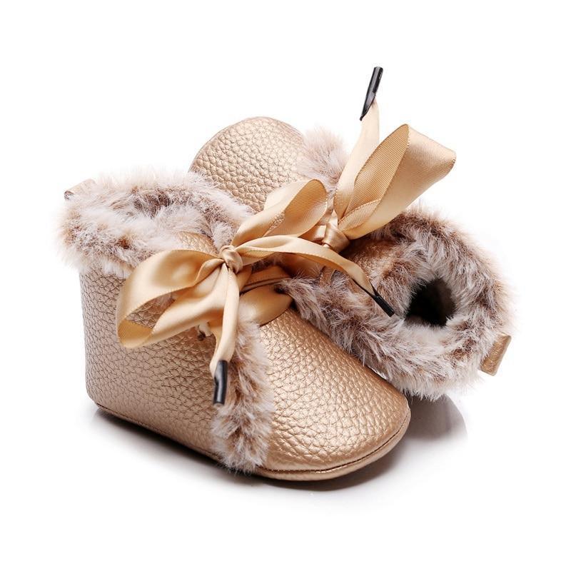 Bottes Bébé en PU Hiver Antidérapantes Chaudes Premiers Pas Semelle Souple Chaussons Bébé Nœud Papillon à Lacets
