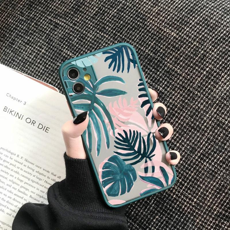 Coque de téléphone à motif floral vert pour iPhone 11, 12, 13, 14 Pro Max, coque rigide antichoc, motif tropical fin et brillant avec feuilles de palmier vertes