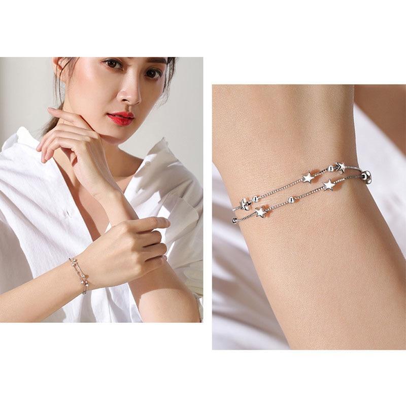 Nouveau Bracelet de luxe moderne en argent sterling 925 à double couche avec perles d'étoiles pour femmes, élégant bracelet à chaîne avec pendentifs, cadeau d'anniversaire (étoile argentée)