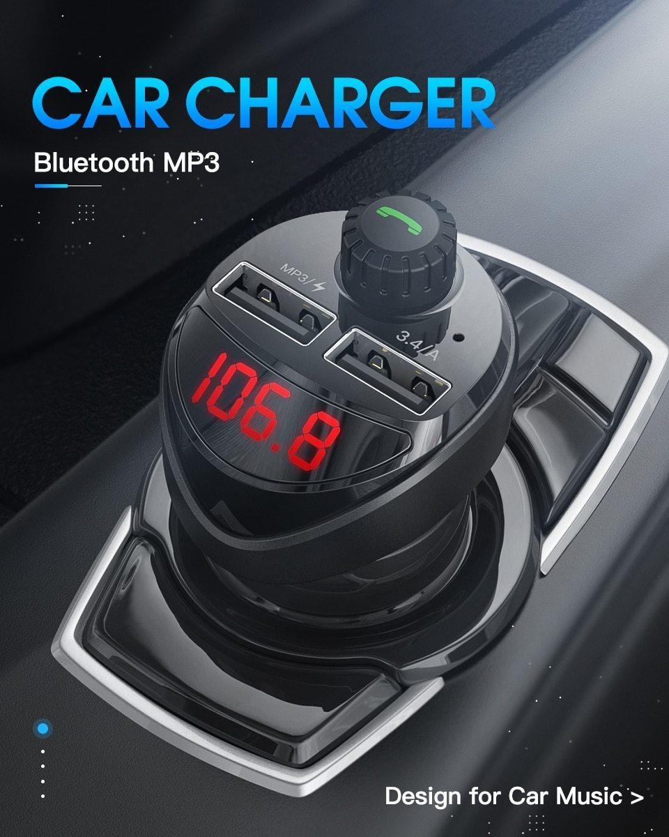 Chargeur de voiture noir Transmetteur FM Bluetooth Lecteur MP3 Audio de voiture Kit voiture carte TF Chargeur de téléphone de voiture double USB 3,4 A