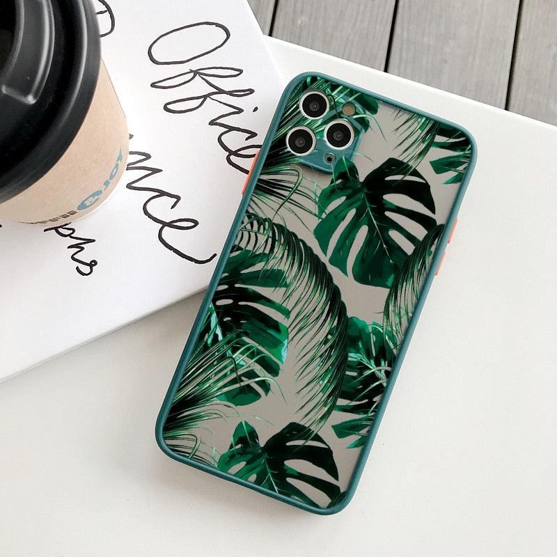Coque de téléphone à motif floral vert pour iPhone 11, 12, 13, 14 Pro Max, coque rigide antichoc, motif tropical fin et brillant avec feuilles de palmier vertes