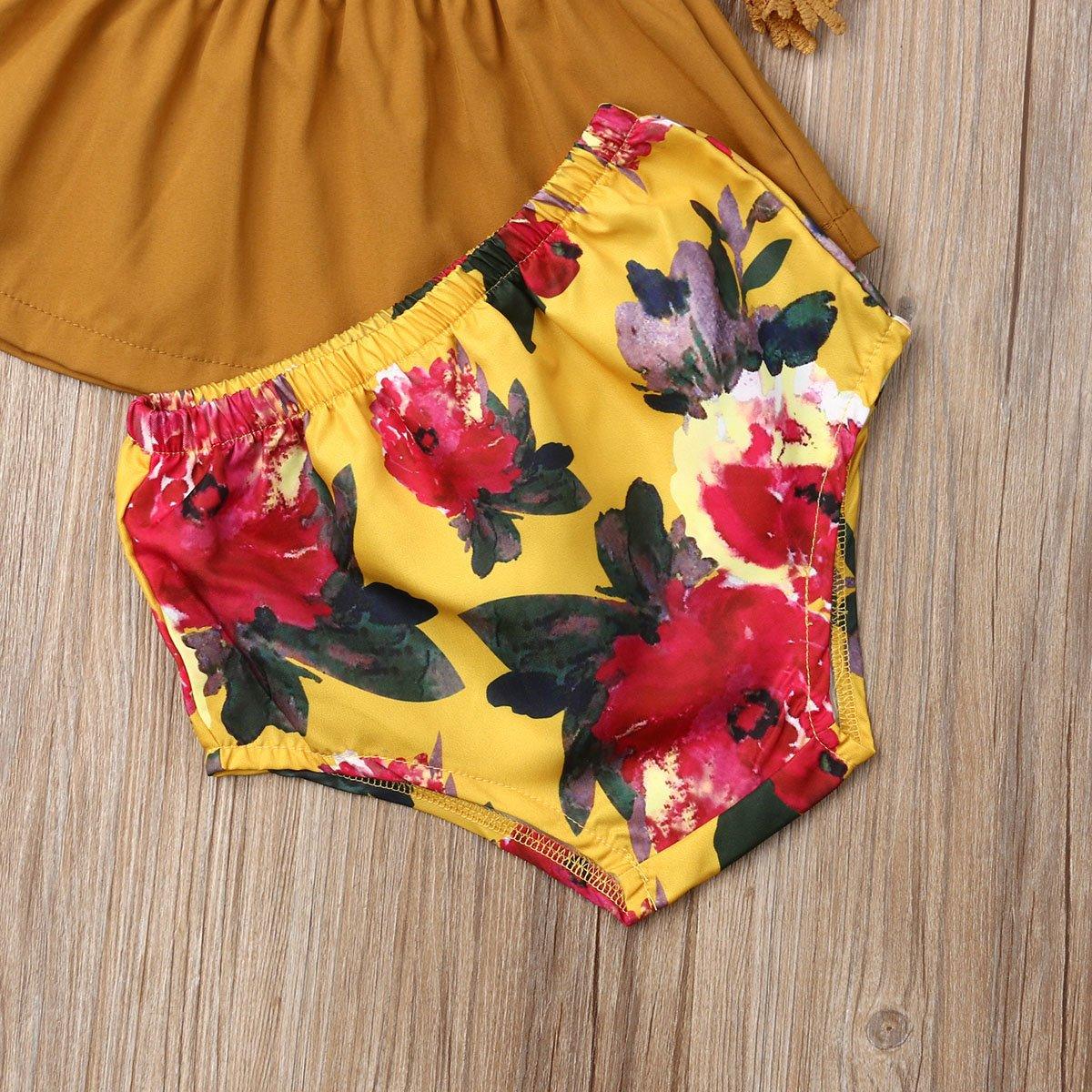 Tenues élégantes de luxe fleuries pour bébés filles nouveau-nés et tout-petits, comprenant un haut solide à épaules dénudées, un short fleuri et un bandeau avec nœud.