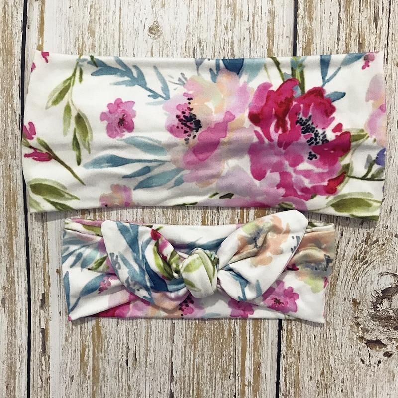 Bandeaux de luxe élégants mère et bébé pour fille, Bandeau à oreilles de lapin, Imprimé floral, Nœuds, Accessoires de cheveux parent-enfant