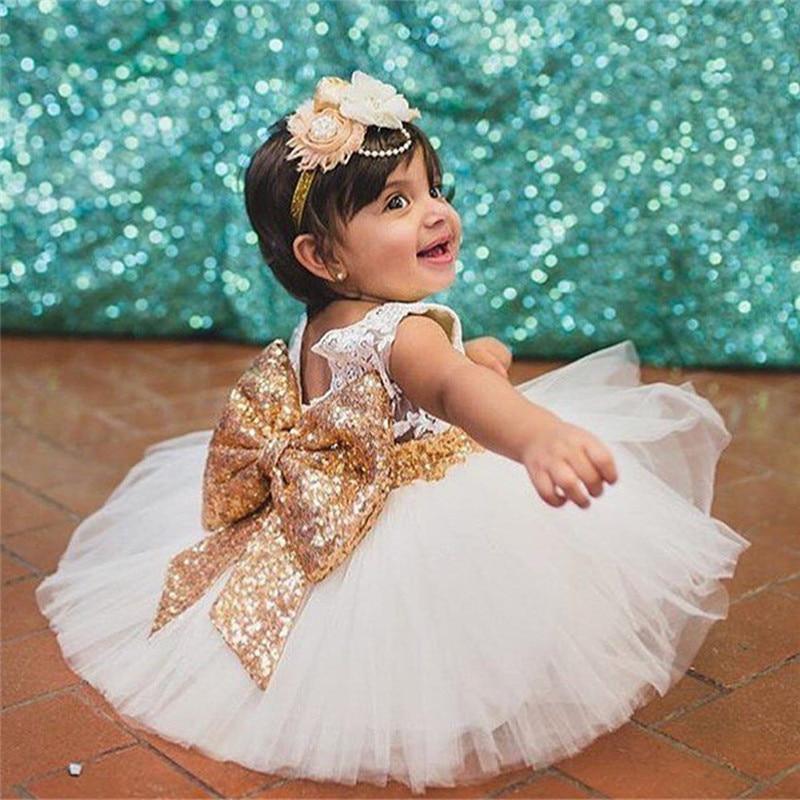 Robe de princesse rose sans dos de luxe dorée avec nœud, robe de bébé pour fête d'anniversaire, robe de nouveau-né pour filles, de 1 à 5 ans