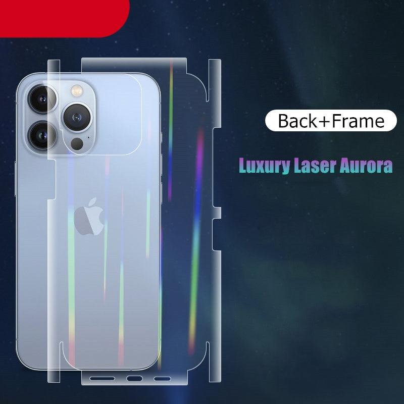 Film Hydrogel Aurora Laser Dégradé pour iPhone 13 11 12 Pro Max Mini X XS XR 7 8 Plus SE 2, Protection d'écran Souple, Coque Arrière Complète, Fine et Anti-Rayures pour iPhone