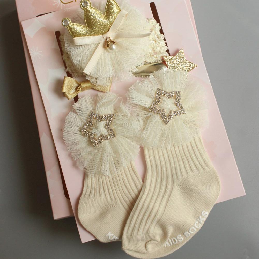 4 paires/lot de chaussettes antidérapantes pour bébé fille + bandeau + épingle à cheveux