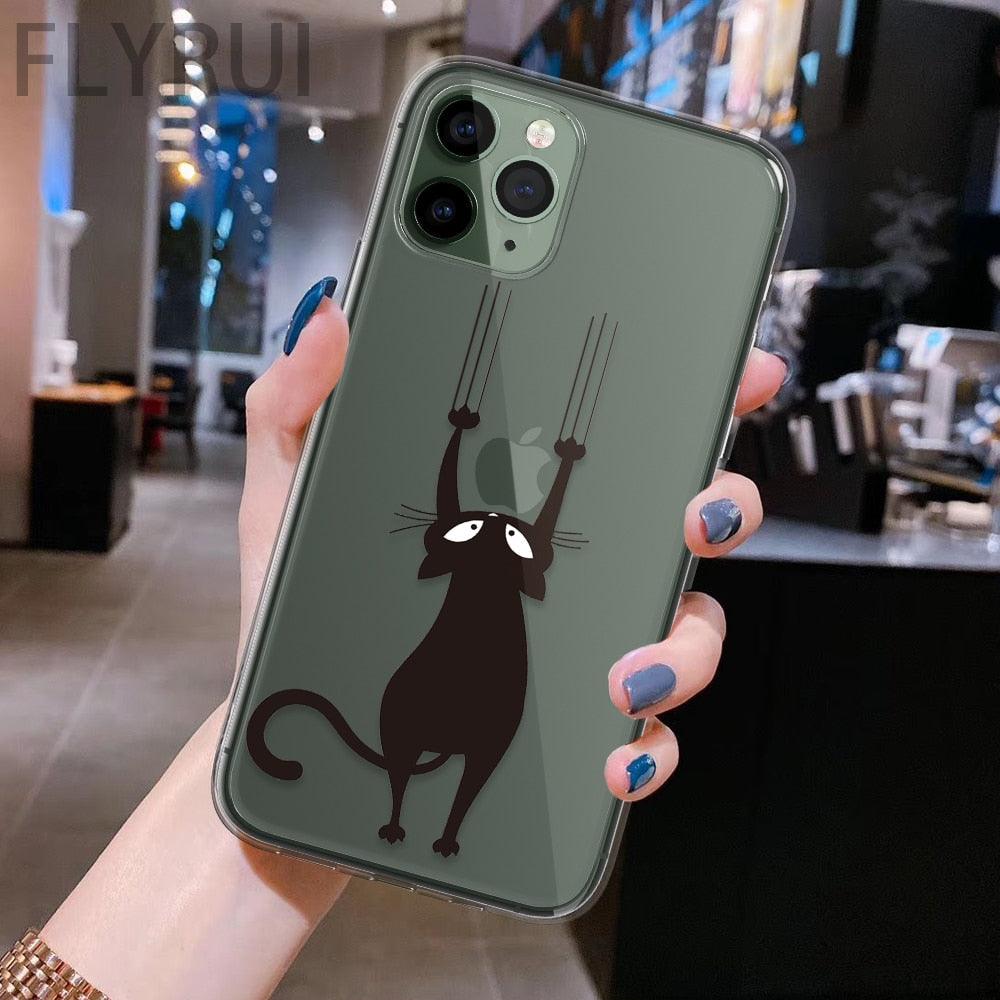 Coque de téléphone transparente avec motif d'animaux de chats noirs mignons pour iPhone 11 13 12 Pro Max 7 8 Plus Se 2020 Housse de protection en silicone souple et flexible, design fin et transparent