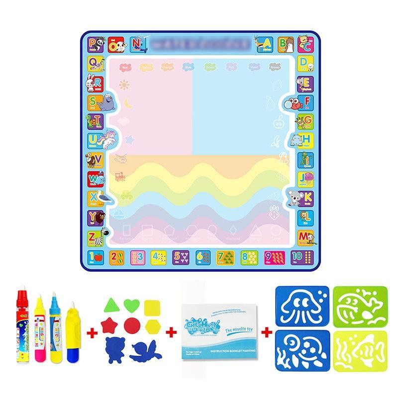 Coolplay Tapis de Dessin à l'Eau Magique 100x100cm Tapis Doodle avec 4 Stylos à Dessin et 1 Set de Tampons Tableau de Peinture Jouets Éducatifs pour Enfants