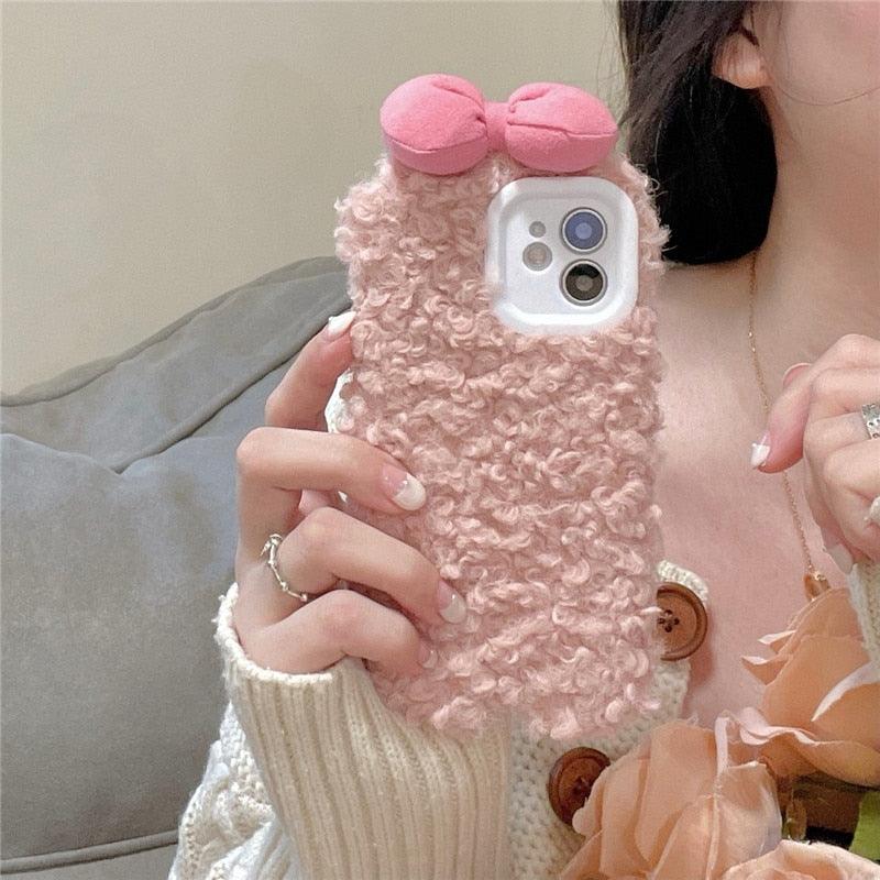 Étui Housse Douce et Chaude Pour Iphone 13 12 11 Pro Xs Max X Xr Coques Dessin Animé 3D Nœud Oreille Housse Douce et Chaude en Fourrure Pour Iphone 7plus 8plus 12pro Étui Téléphone