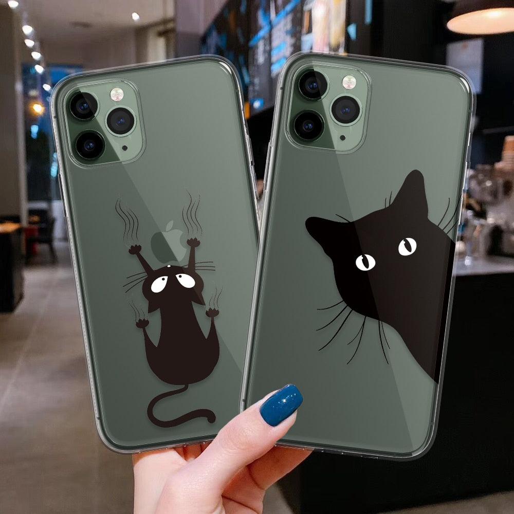 Coque de téléphone transparente avec motif d'animaux de chats noirs mignons pour iPhone 11 13 12 Pro Max 7 8 Plus Se 2020 Housse de protection en silicone souple et flexible, design fin et transparent