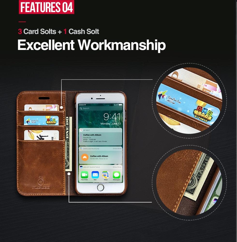 Étui portefeuille de luxe en cuir véritable marron pour iPhone, avec support et porte-cartes, pour iPhone 14 13