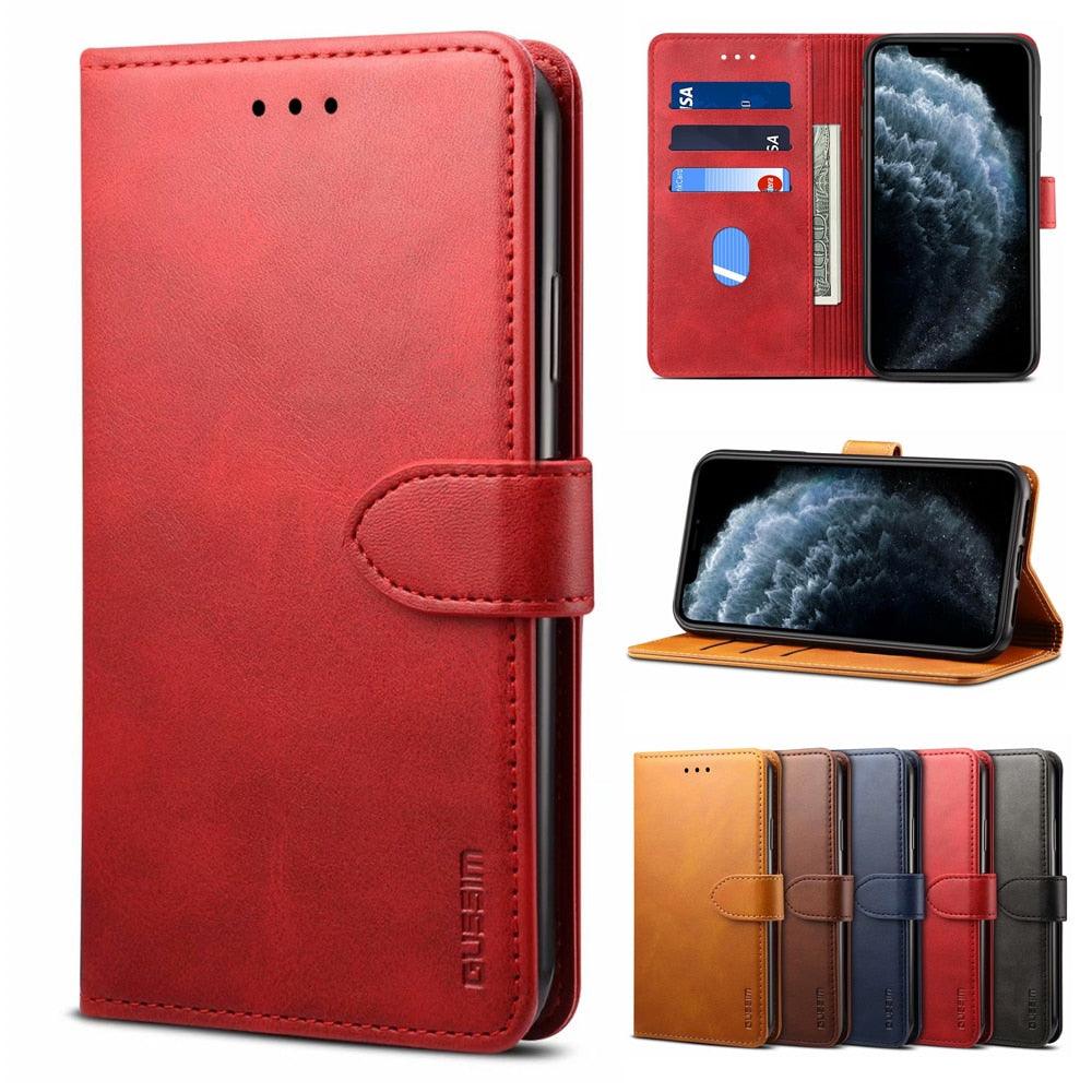 Étui à Rabat Magnétique en Cuir Rouge de Luxe pour iPhone 14 12 13 11 11 Pro Max XR XS Max X, Housse Portefeuille pour iPhone avec Emplacements pour Cartes, Béquille et Boucle Magnétique